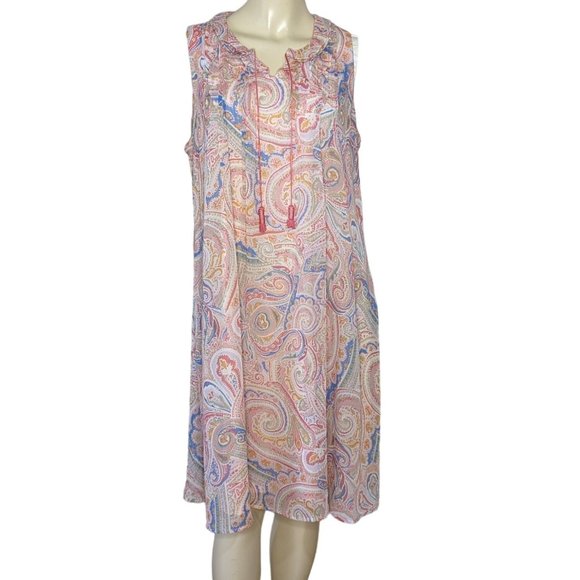 Tommy Hilfiger sleeveless ruffle collar Pastel Paisley Summer Shift Dress L - Picture 2 of 12